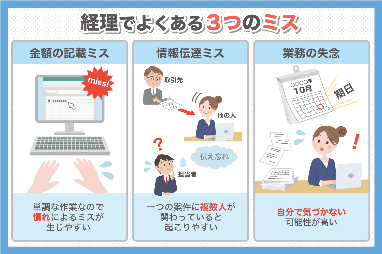 経理でよくある3つのミスとは?正しい対処法や予防法を徹底解説